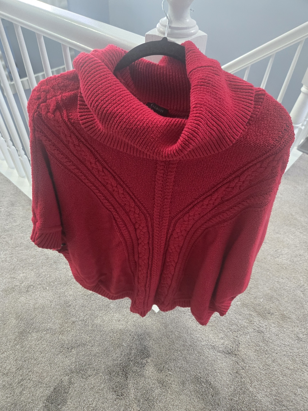 Talbots Red Cable-Knit Cowl Neck Poncho Sweater - Short Sleeve